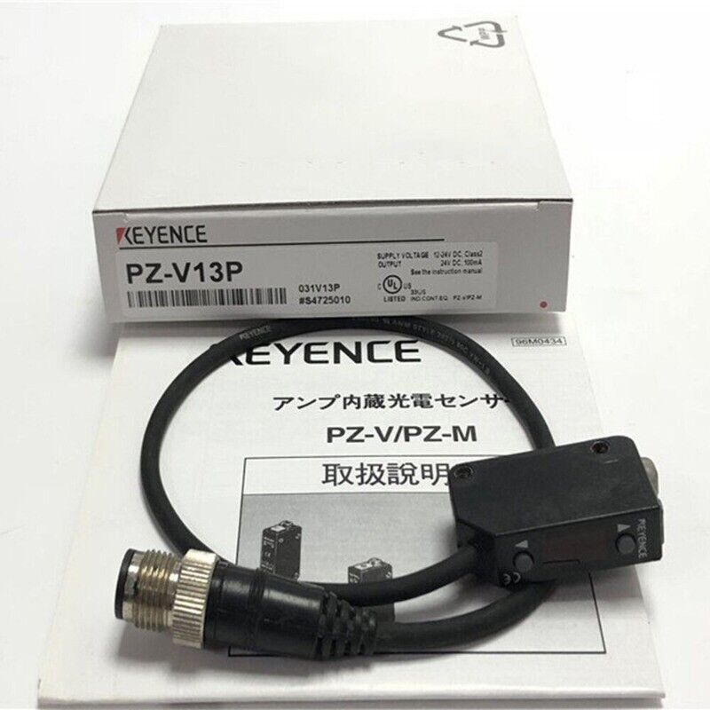 Keyence PZ-V13P Fiber Optic Sensor Kit, black sensor with cable and manual