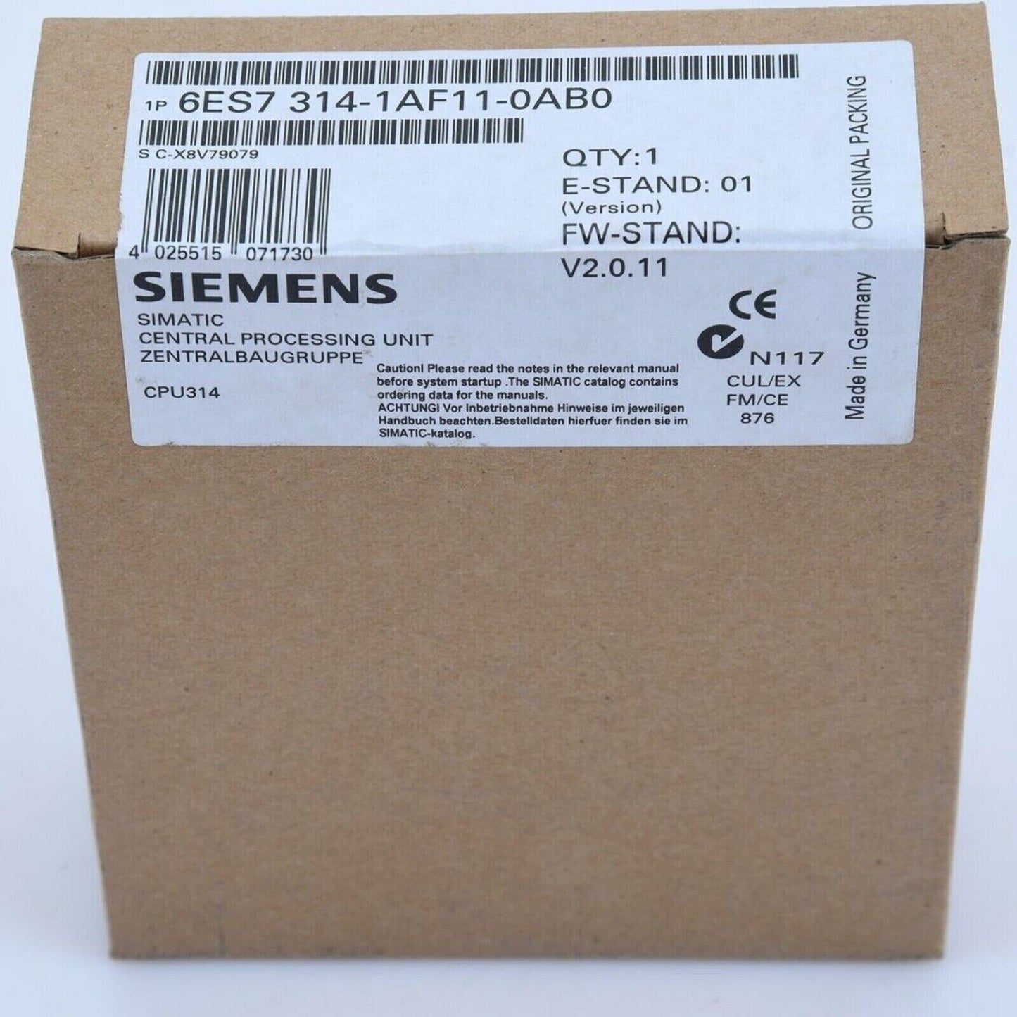 Siemens SIMATIC S7-300 CPU 314 in original packaging. Product code 6ES7 314-1AF11-0AB0, industrial automation part.