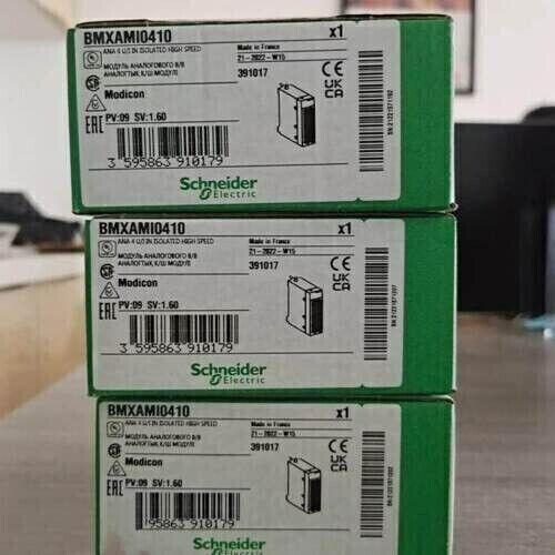 Schneider Electric BMXAMI0410 PLC Module, stacked boxes, product packaging