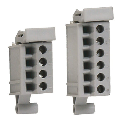 Gray screw terminal blocks for PLC wiring, industrial automation parts.