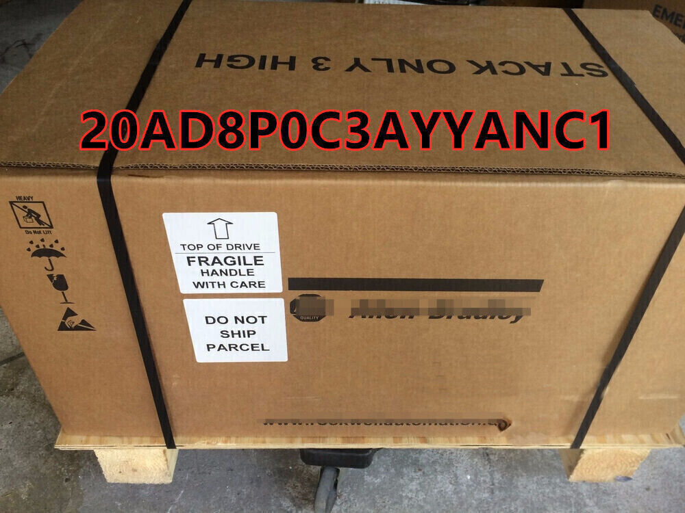 Allen-Bradley PowerFlex 70 AC Drive box, 20AD8P0C3AYYANC1, fragile, on pallet.