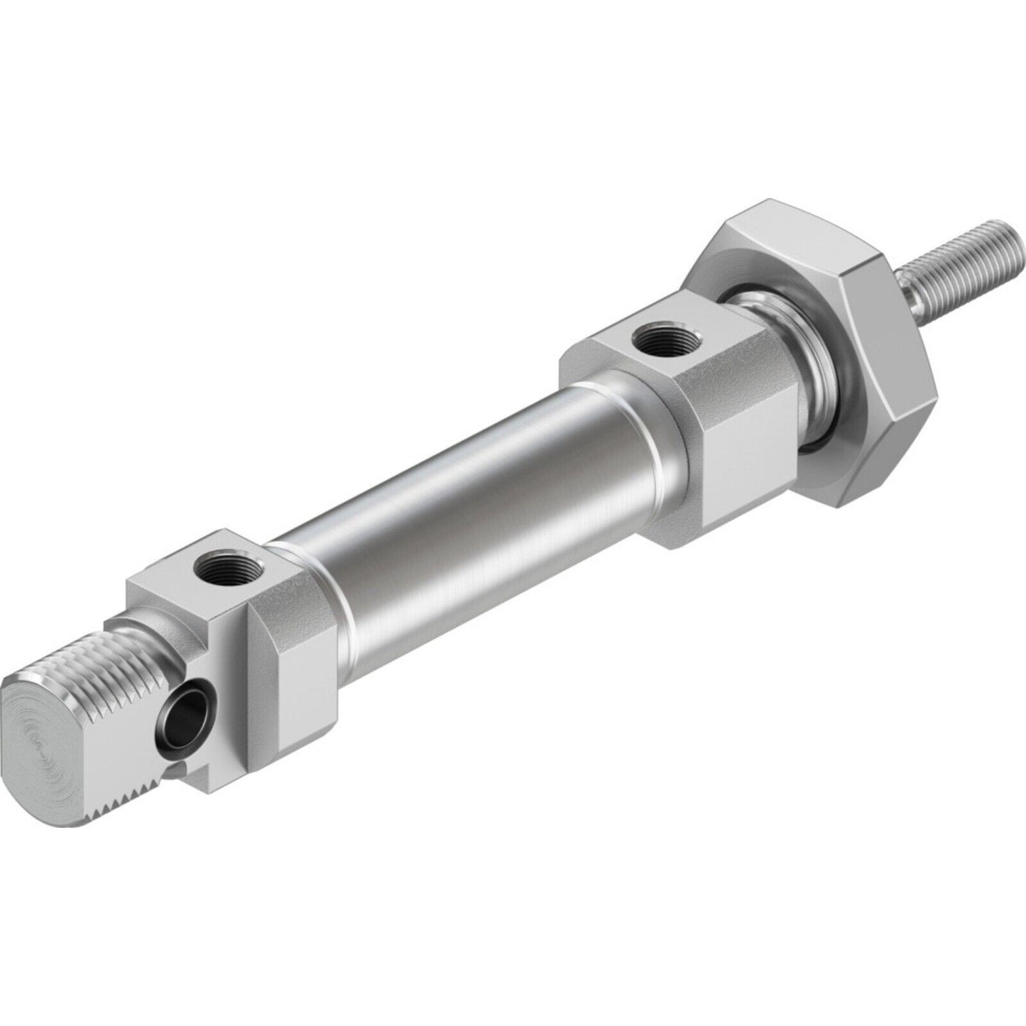 Festo DSNU-10-85-P-A Pneumatic Cylinder. Silver pneumatic cylinder with threaded rod.