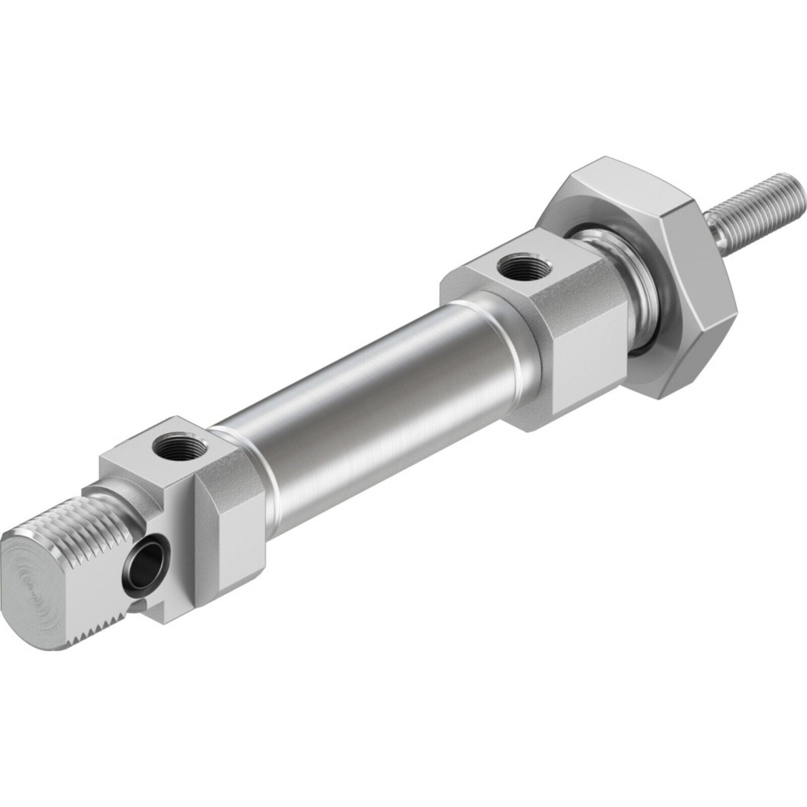 Festo DSNU-10-85-P-A Pneumatic Cylinder. Silver pneumatic cylinder with threaded rod.