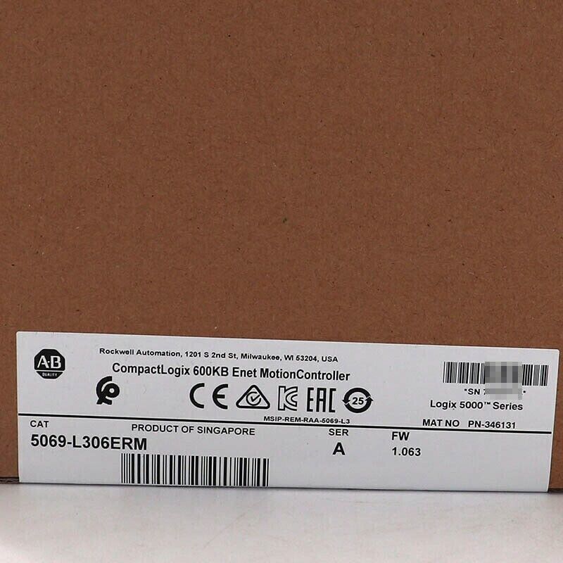 Allen-Bradley CompactLogix 5069-L306ERM Enet Motion Controller label, product of Singapore