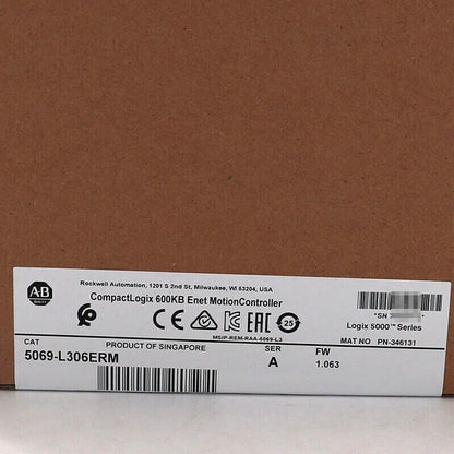 Allen-Bradley CompactLogix 5069-L306ERM Enet Motion Controller label, product of Singapore