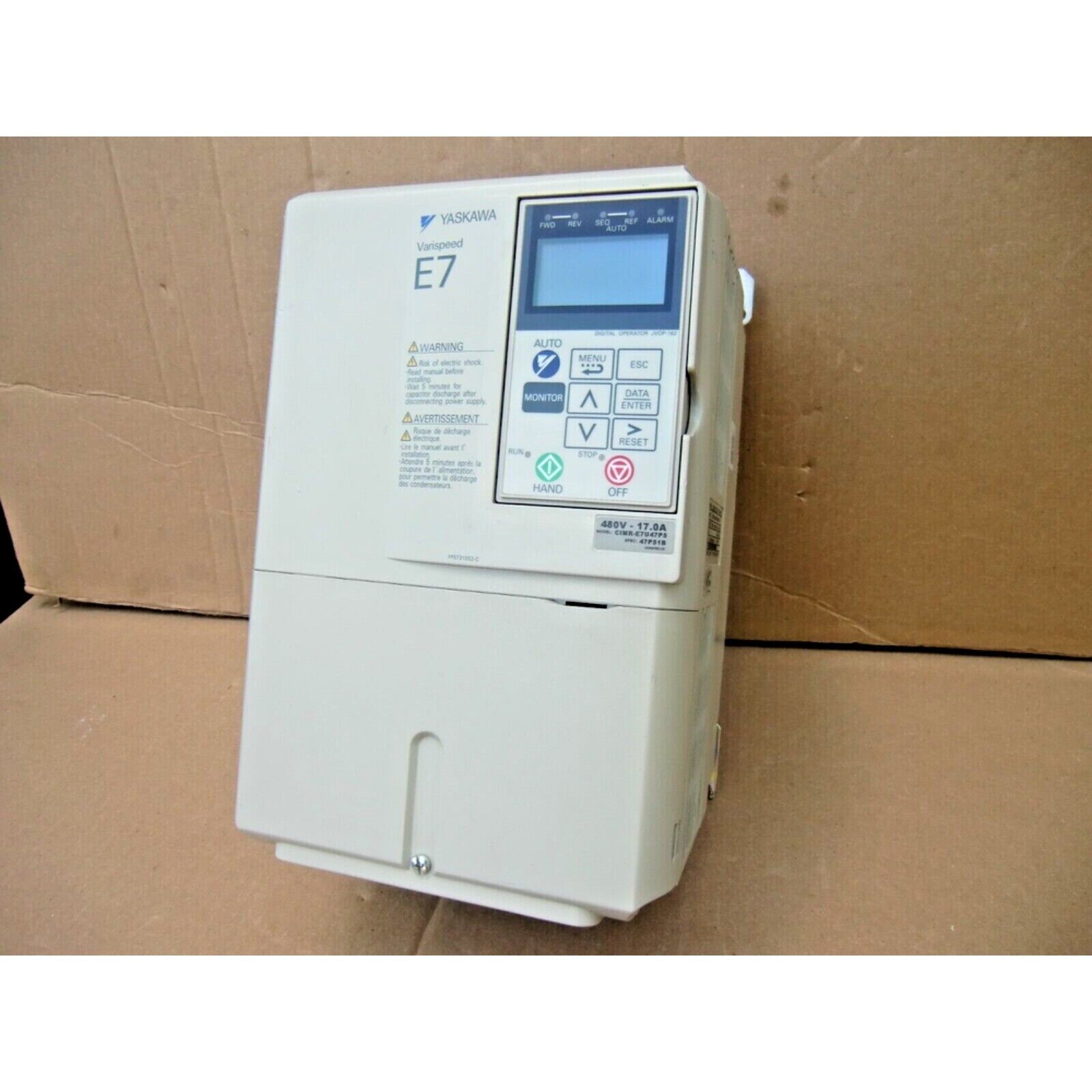 YASKAWA E7 AC drive, white case with control panel, model CIMR-E7U47P5.
