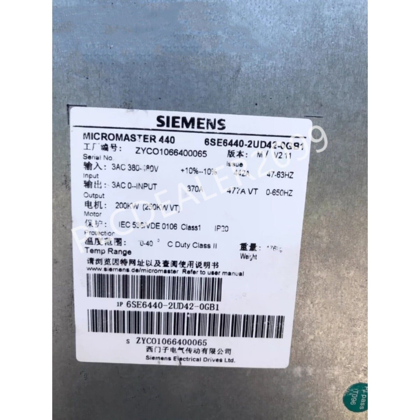 Siemens MICROMASTER 440 Inverter, 6SE6440-2UD42-0GB1, 200KW industrial automation part with specifications and serial number.