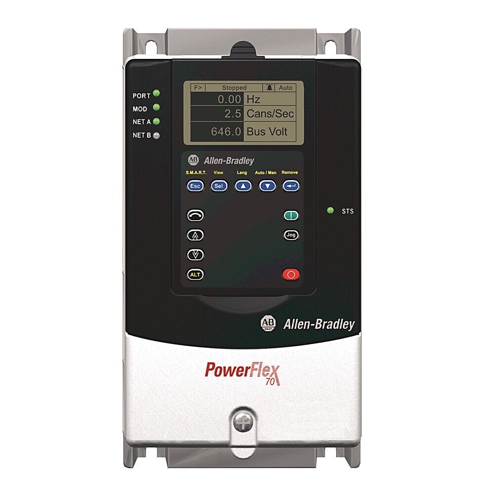 Allen-Bradley PowerFlex 70 AC Drive, operating status visible, black and silver industrial component.