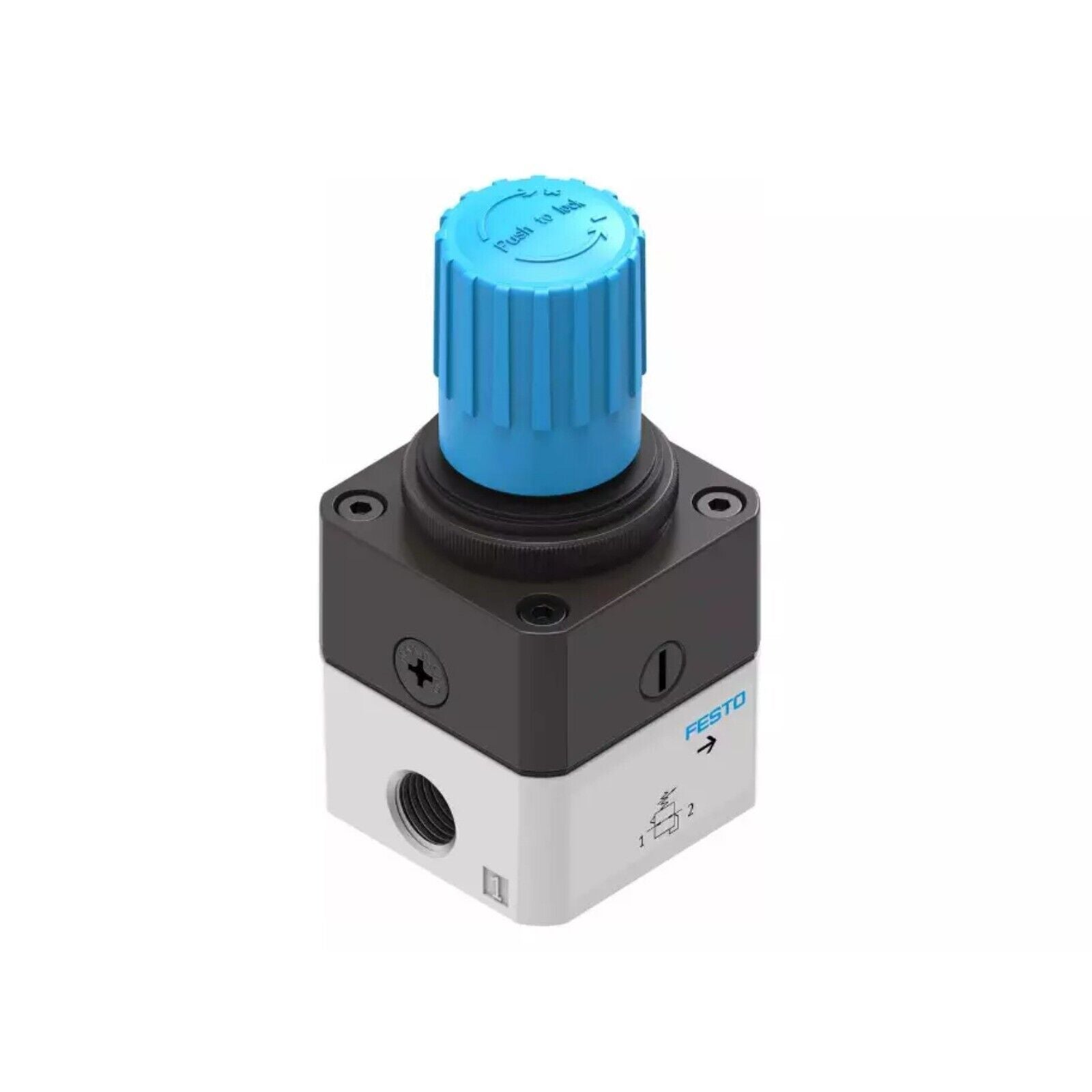 Festo LRP-1/4-2,5 precision pressure regulator with blue knob. Industrial automation component.
