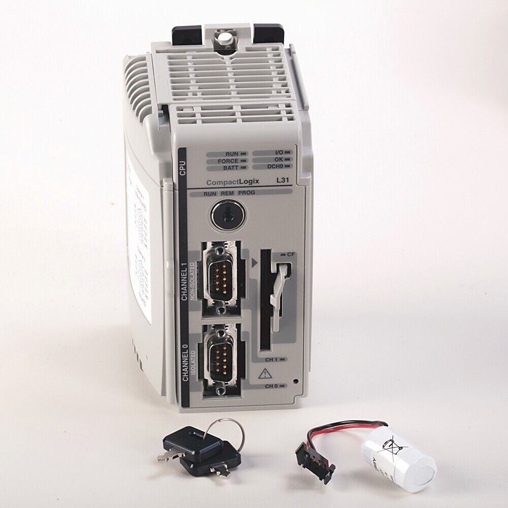 Allen-Bradley CompactLogix L31 controller, front view with keys and battery. EtherNet/IP for industrial automation.