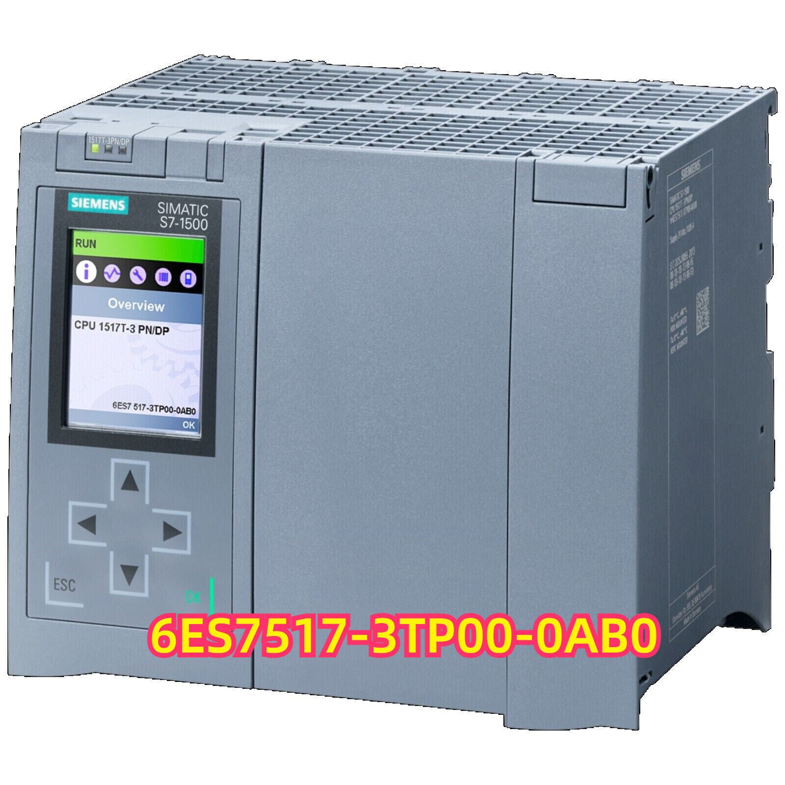 Siemens SIMATIC S7-1500 PLC, model 6ES7 517-3TP00-0AB0, with integrated display and control buttons.