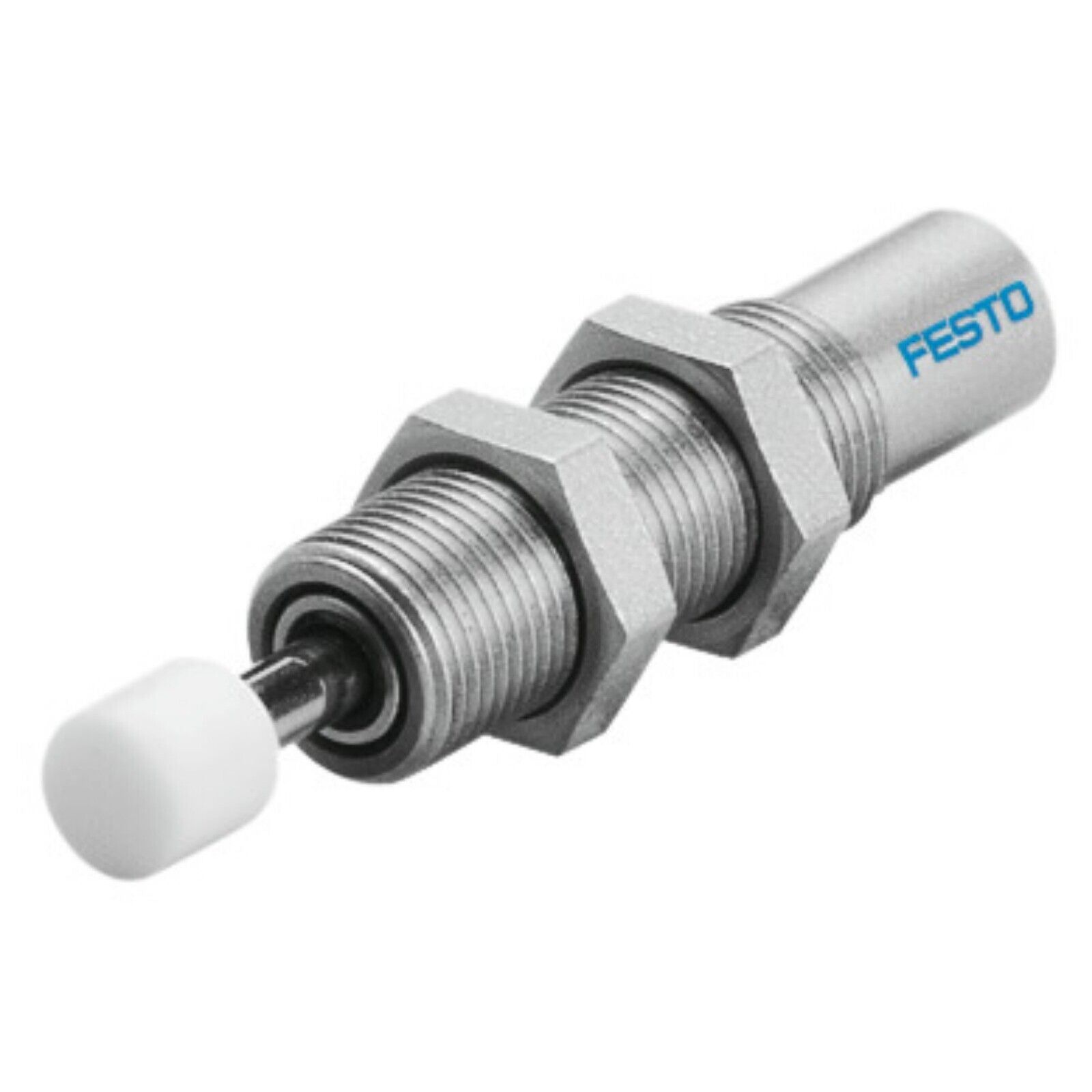 Festo YSR-4-4-C pneumatic shock absorber. Industrial automation component, silver and white design.