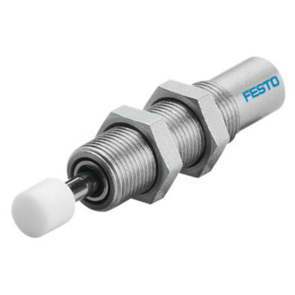 Festo YSR-4-4-C pneumatic shock absorber. Industrial automation component, silver and white design.