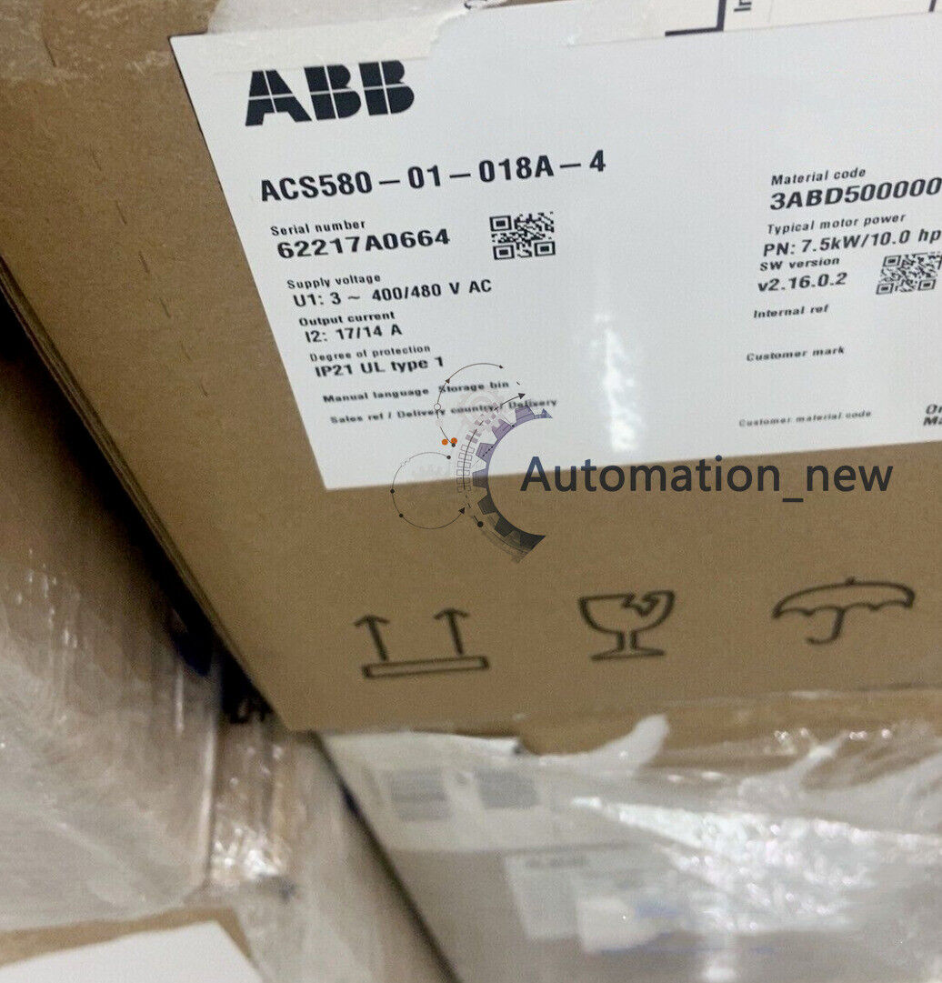 ABB ACS580-01-018A-4 inverter box showing product specifications, serial number, and Automation_new logo.