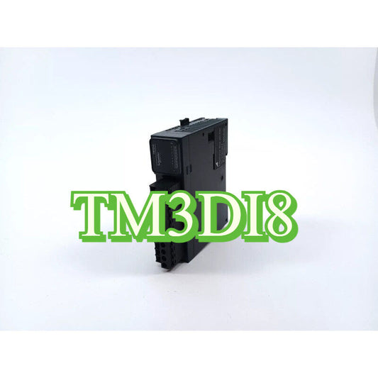 Schneider Electric Modicon TM3DI8 PLC module, black, with TM3DI8 text in green, for digital input acquisition.