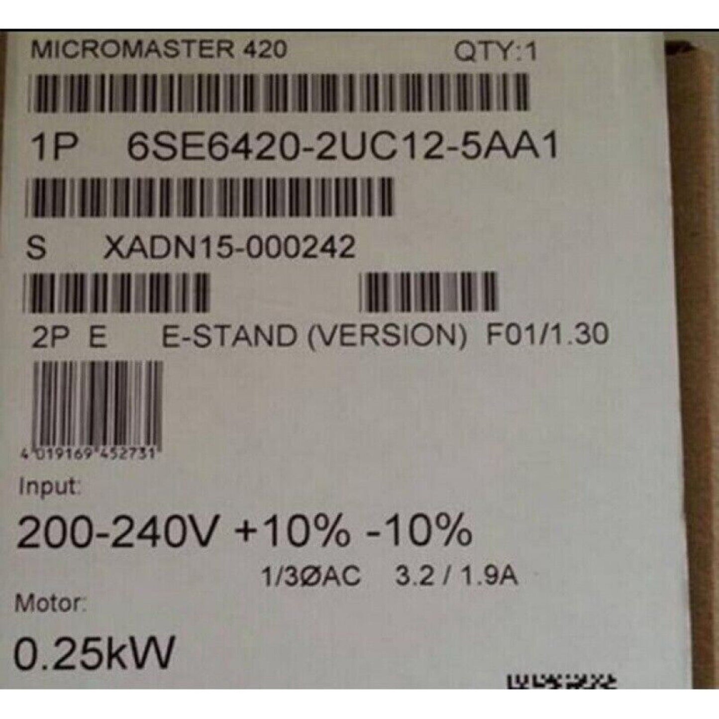 Siemens MICROMASTER 420 frequency inverter label, model 6SE6420-2UC12-5AA1, technical details.
