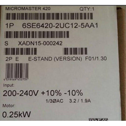Siemens MICROMASTER 420 frequency inverter label, model 6SE6420-2UC12-5AA1, technical details.