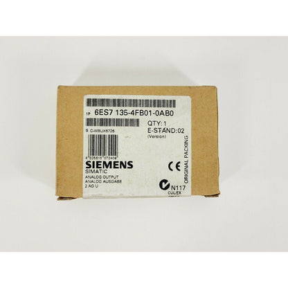 Siemens SIMATIC 6ES7 135-4FB01-0AB0 analog output module in original packaging. Industrial automation component.