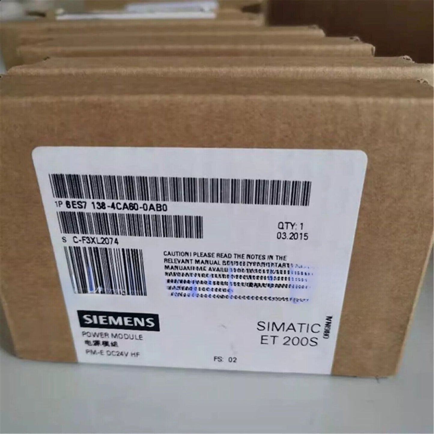 Siemens SIMATIC ET 200S PM-E Power Module 6ES7 138-4CA60-0AB0 packaging, industrial automation part.