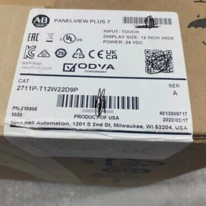 PanelView Plus 7 Performance touchscreen label, Allen-Bradley 2711P-T12W22D9P, 12-inch display, 24V DC power.