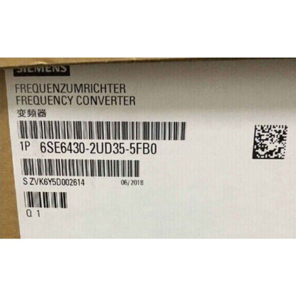 Siemens MICROMASTER 430 frequency converter label, model 6SE6430-2UD35-5FB0. Industrial automation component.