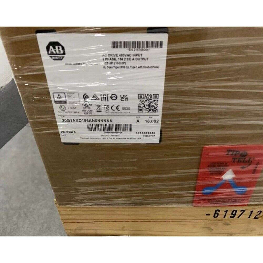 Allen-Bradley PowerFlex 753 AC Drive box detail with specifications and certifications, industrial automation equipment.