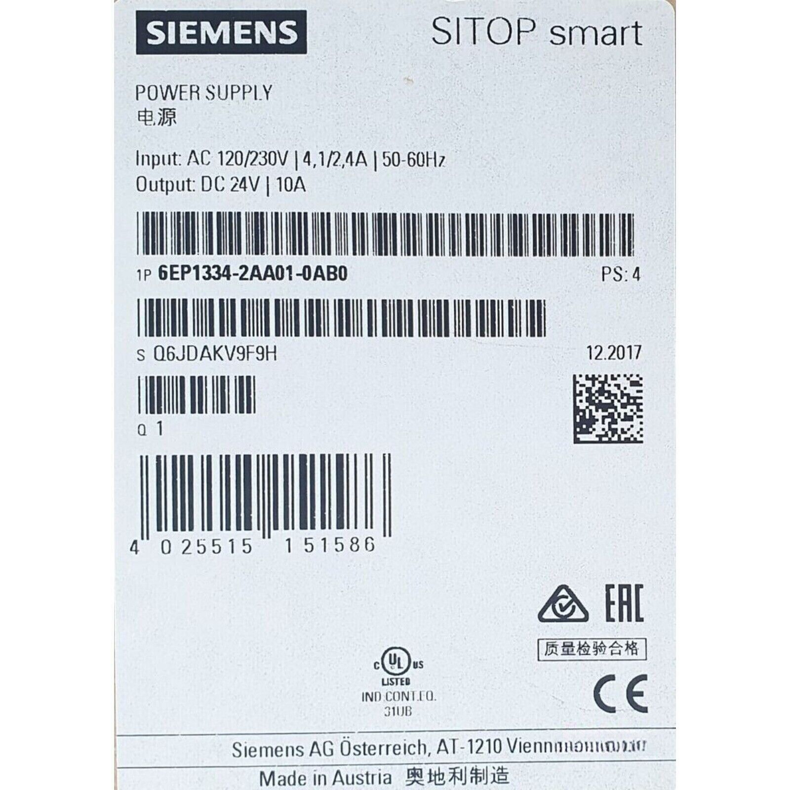 Siemens SITOP smart power supply label with product information 6EP1334-2AA01-0AB0