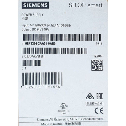 Siemens SITOP smart power supply label with product information 6EP1334-2AA01-0AB0