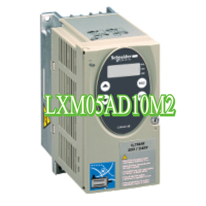 Schneider LXM05AD10M2 VFD. Industrial automation component, grey and black color scheme.