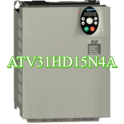 Schneider ATV31HD15N4A drive, industrial automation part. Gray metal enclosure with control panel.