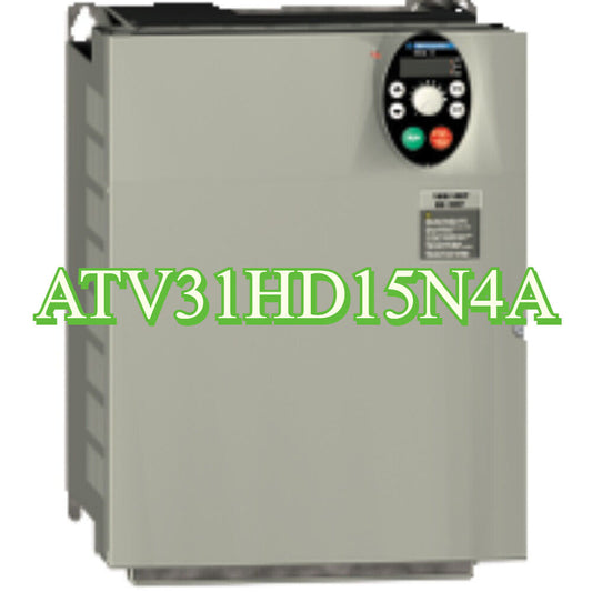 Schneider ATV31HD15N4A drive, industrial automation part. Gray metal enclosure with control panel.