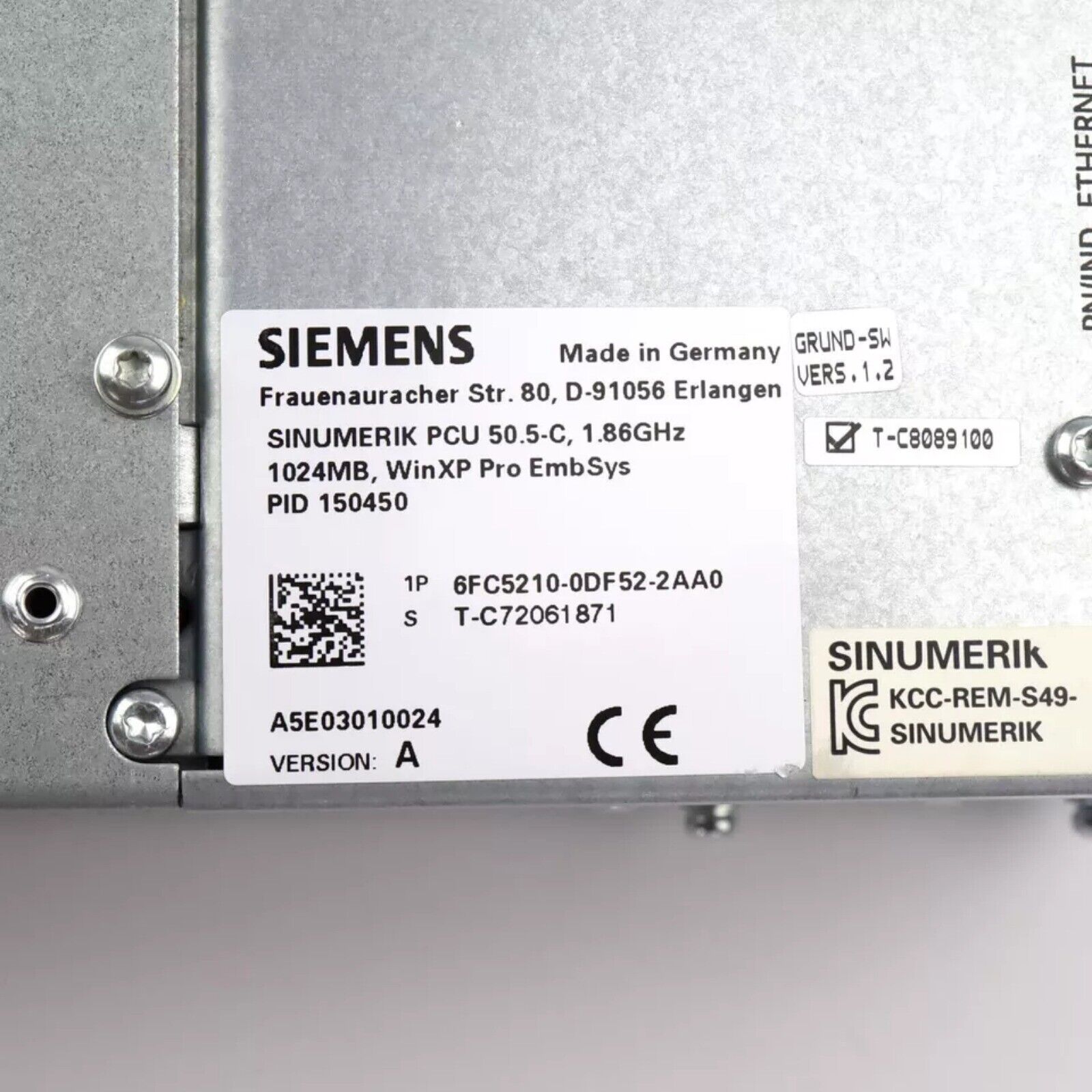 Siemens SINUMERIK PCU 50.5-C industrial automation part, model 6FC5210-0DF52-2AA0, 1.86GHz CPU, WinXP Pro EmbSys