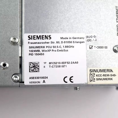 Siemens SINUMERIK PCU 50.5-C industrial automation part, model 6FC5210-0DF52-2AA0, 1.86GHz CPU, WinXP Pro EmbSys
