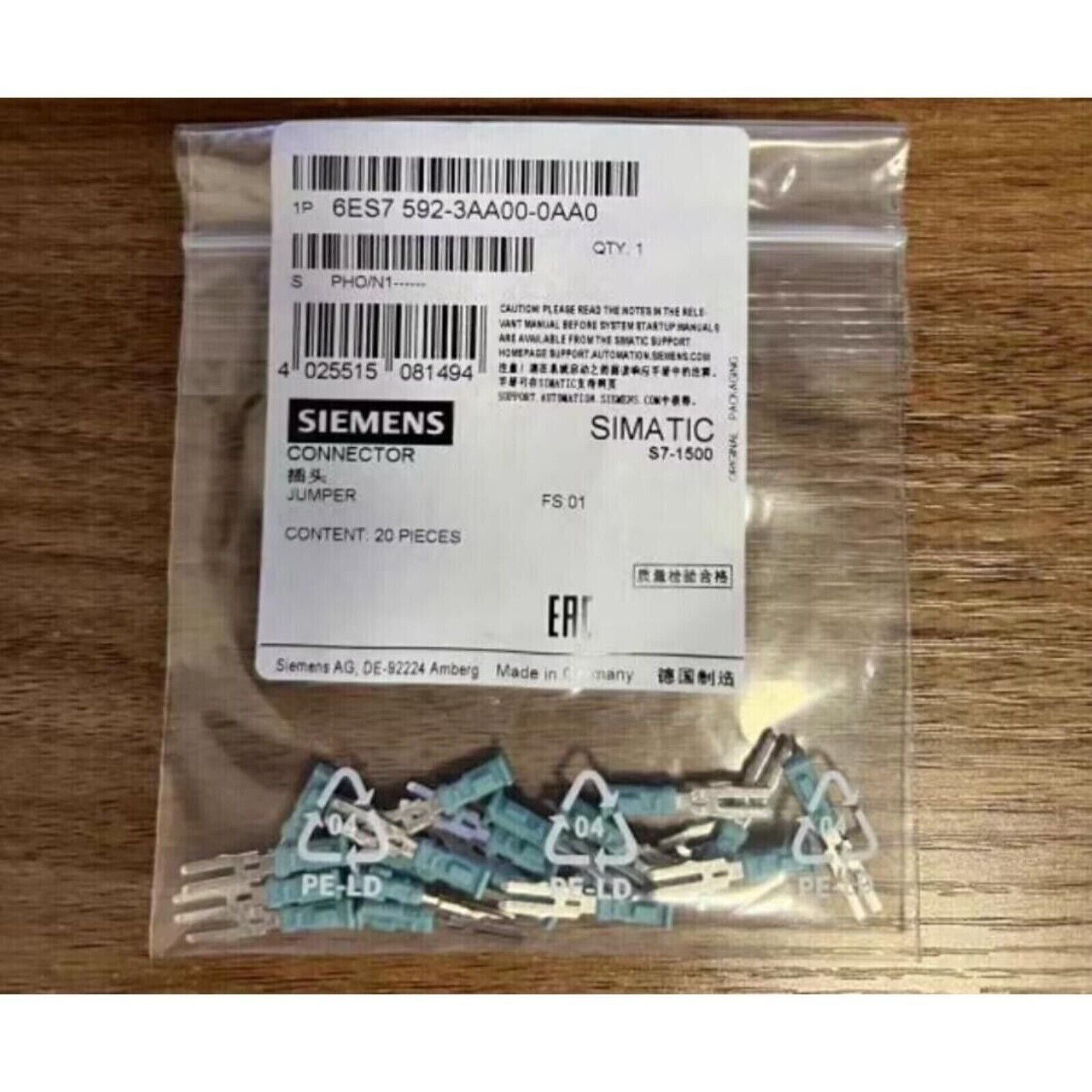 Siemens SIMATIC S7-1500 connector jumper with product code 6ES7 592-3AA00-0AA0, Made in Germany, 20 pieces.