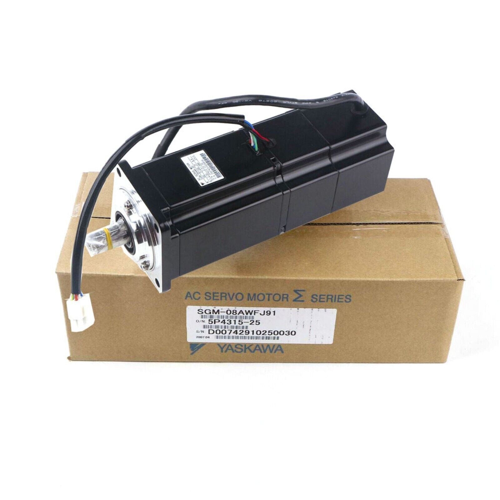 YASKAWA SGM-08AWFJ91 AC Servo Motor, New In Box, black and silver motor on cardboard box