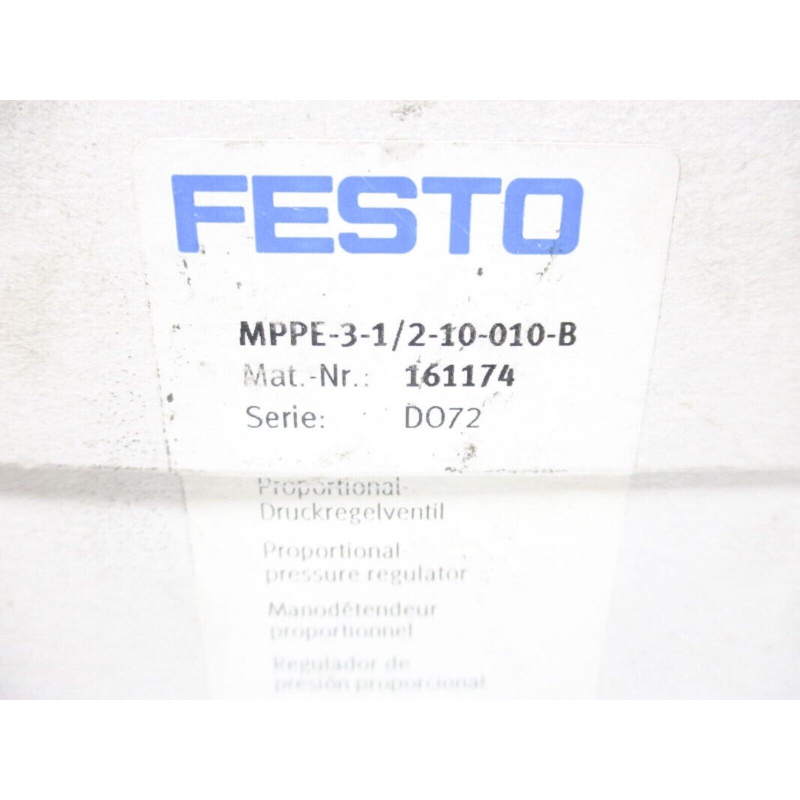 Festo MPPE-3-1/2-10-010-B controller product label, industrial automation component,  Mat.-Nr. 161174, Serie: D072
