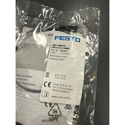 FESTO SMT-10M-PS-24V proximity sensor in packaging, industrial automation part, model number 551375.