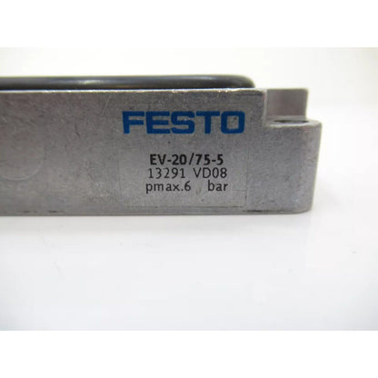 Festo EV-20/75-5 Diaphragm Clamping Cylinder, product detail shot, gray metal component with blue FESTO logo
