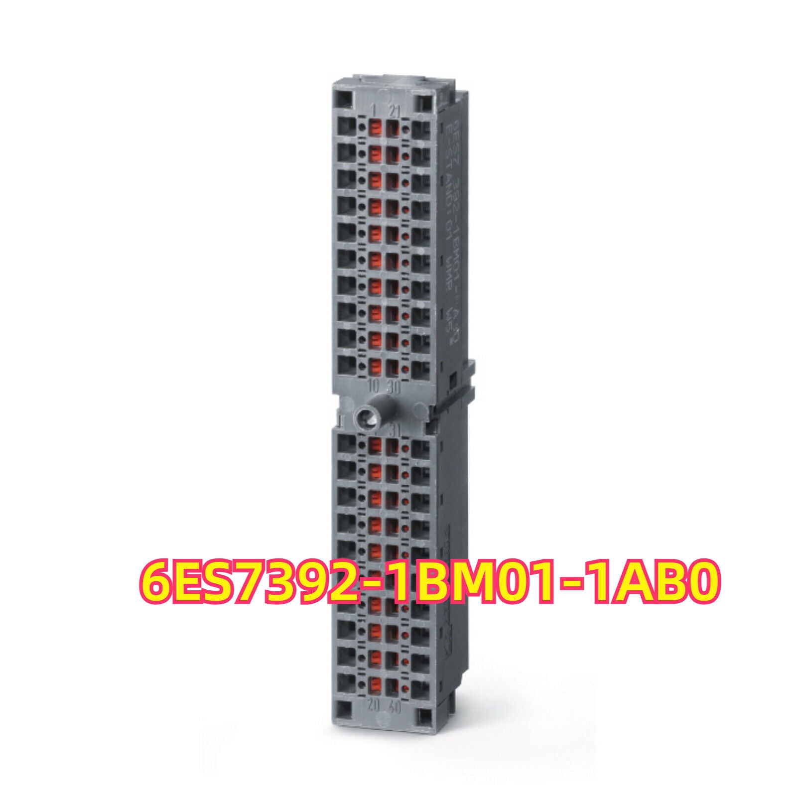 Siemens 6ES7392-1BM01-1AB0 S7-300 front connector, industrial automation part, gray housing with red ports.