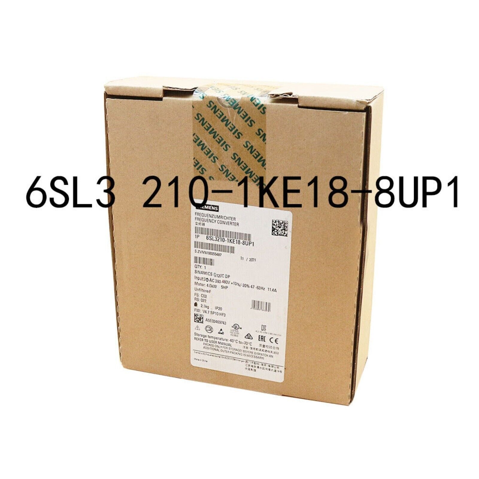 Siemens SINAMICS G120C DP frequency converter, model 6SL3210-1KE18-8UP1, in brown cardboard box.