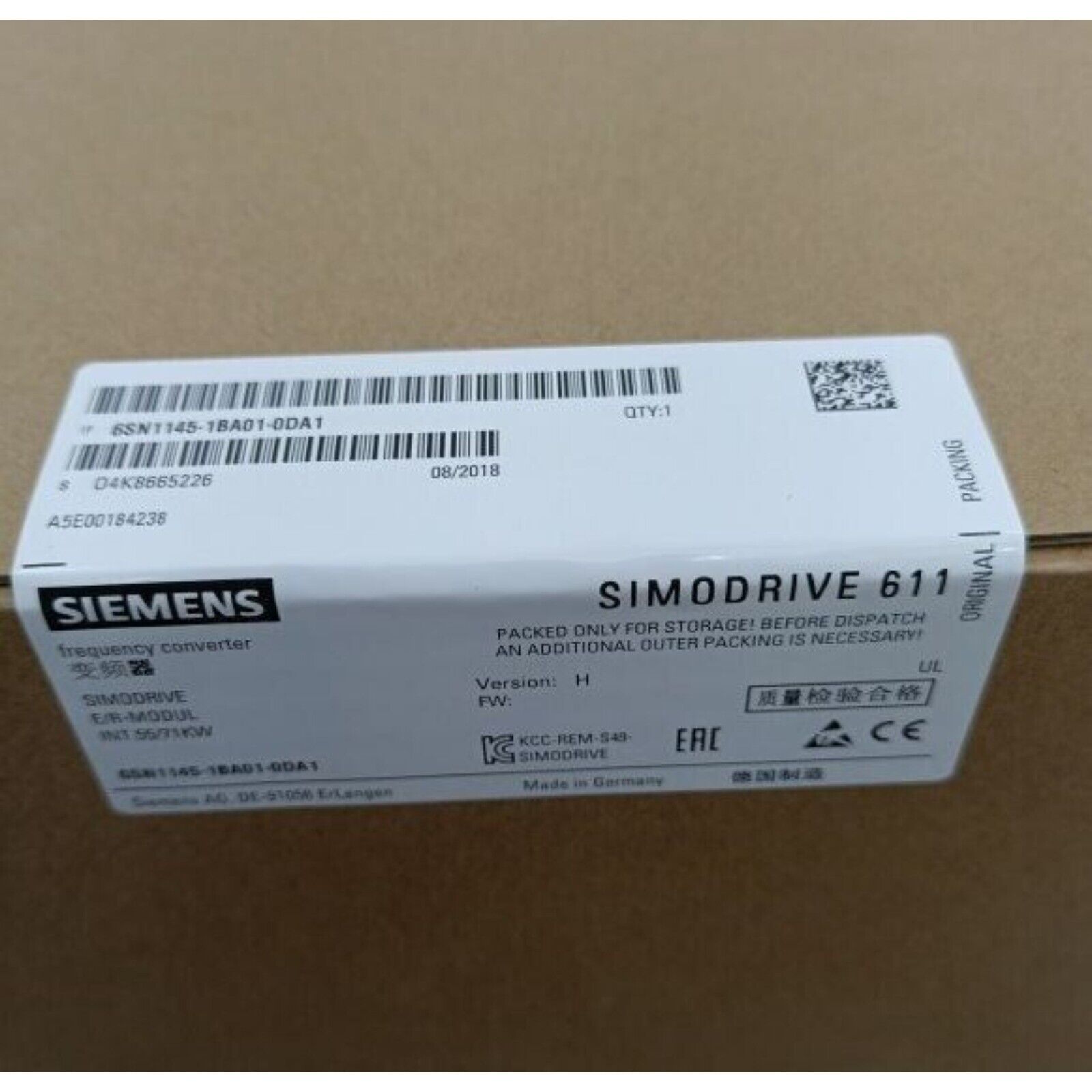Siemens SIMODRIVE 611 frequency converter with product code 6SN1145-1BA01-0DA1, industrial automation part, Made in Germany.