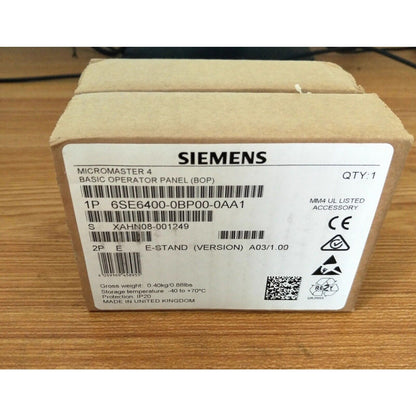 Siemens 6SE6400-0BP00-0AA1 Basic Operator Panel box, industrial automation part, black and beige, Made in United Kingdom.
