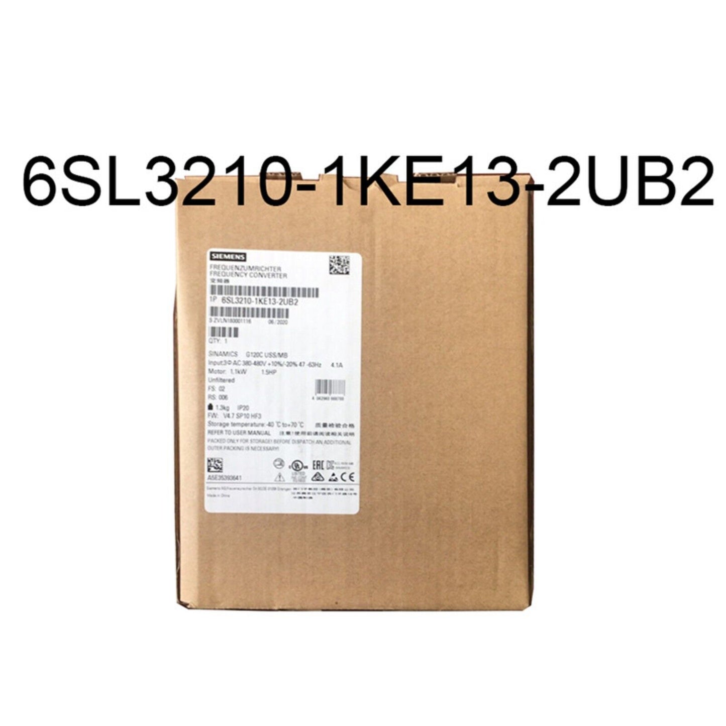 Siemens SINAMICS G120C Frequency Converter 6SL3210-1KE13-2UB2 on a brown box, industrial automation.