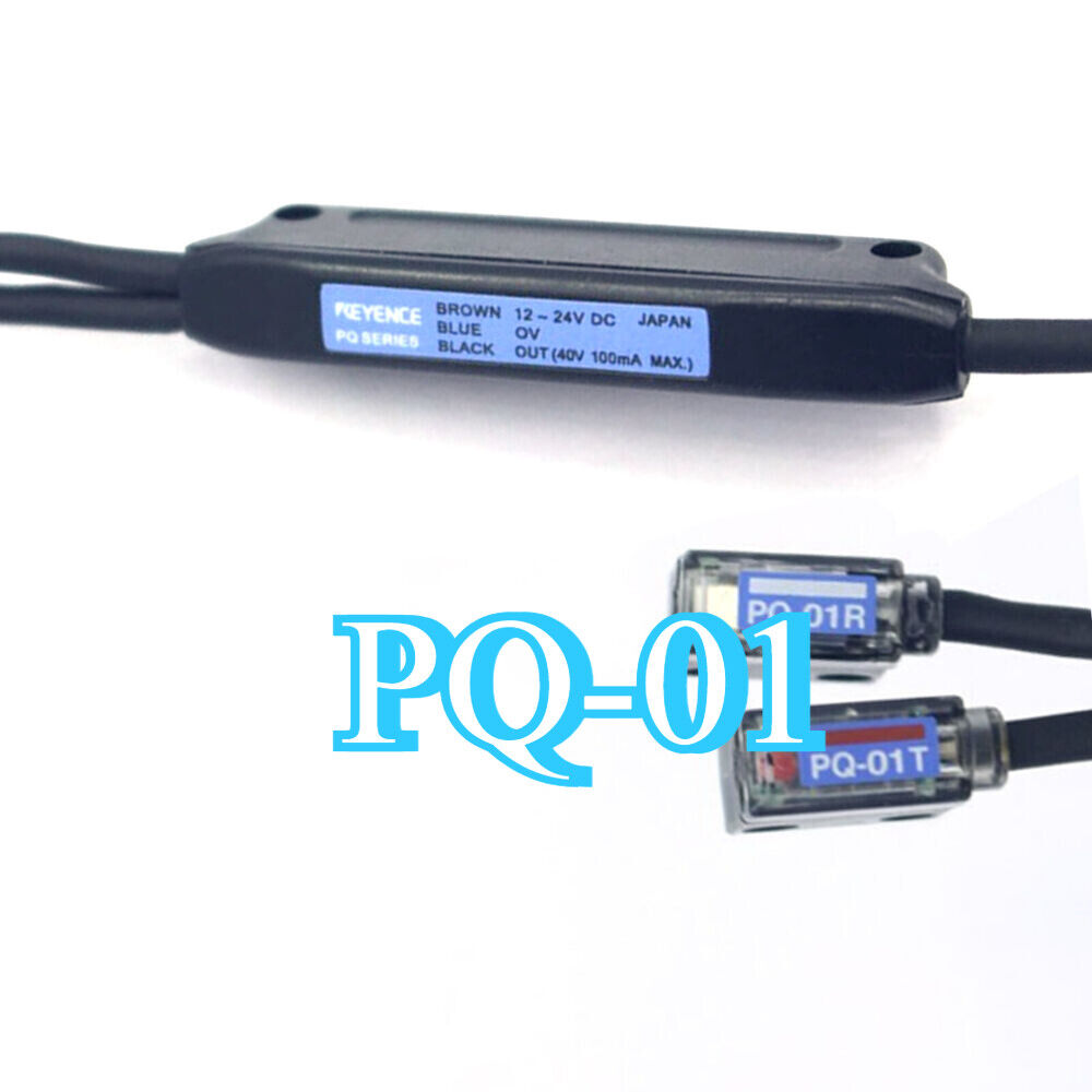 Keyence PQ-01 Photoelectric Sensor, new with black cable and label with voltage and series details.
