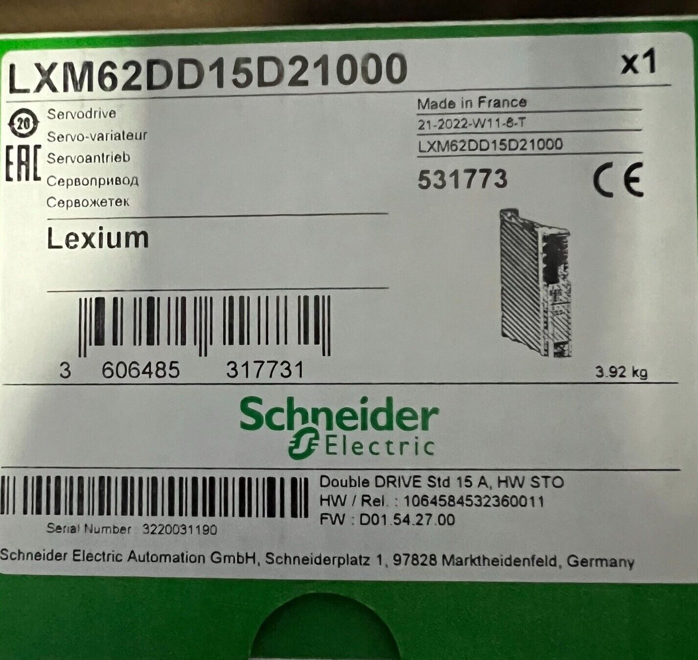 Schneider Electric Lexium LXM62DD15D21000 Servo Drive Module, Made in France, 1.5A, EtherCAT, Product Label