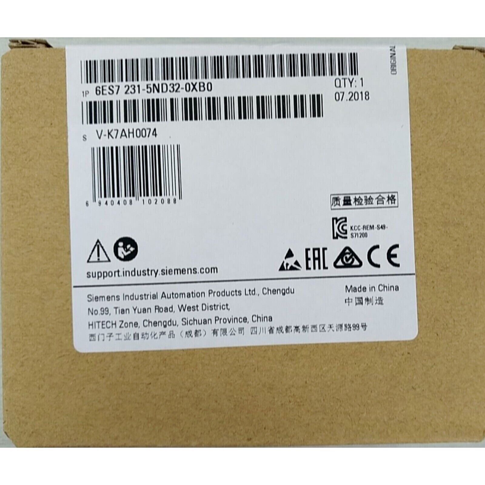 Siemens SIMATIC S7-1200 analog input module packaging. 6ES7 231-5ND32-0XB0 part number visible, Made in China.
