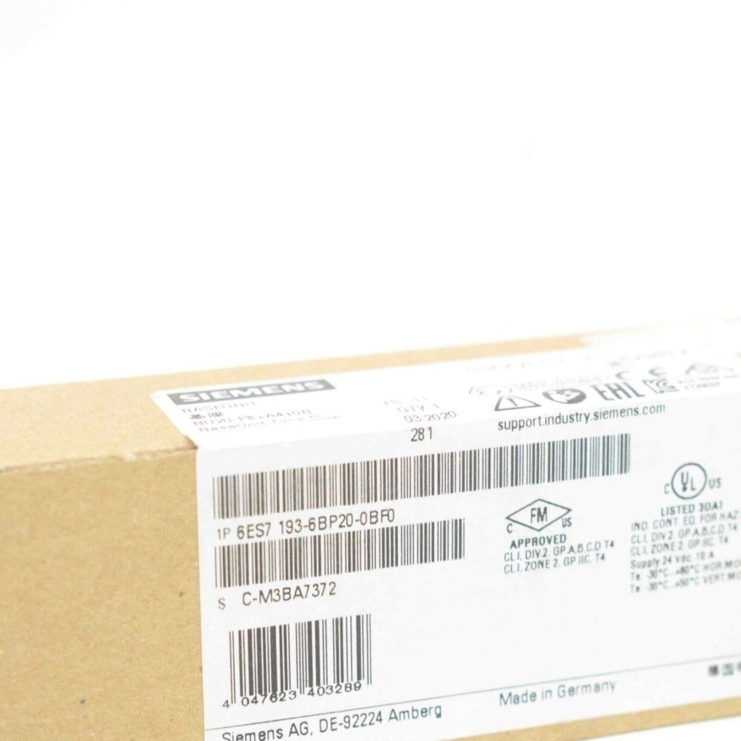 Siemens SIMATIC ET 200SP HA BaseUnit 6ES7193-6BP20-0BF0 packaging, Made in Germany, industrial automation part.