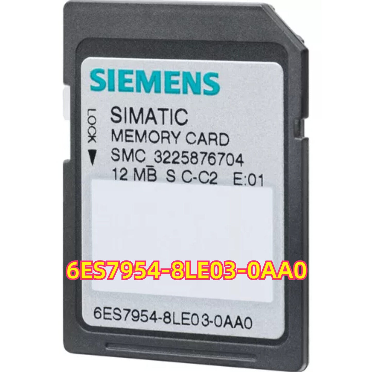 Siemens SIMATIC Memory Card 6ES7954-8LE03-0AA0, top-down view, features product details.