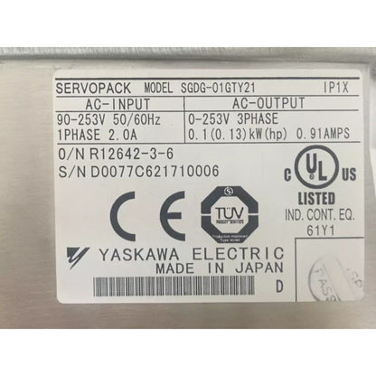 Yaskawa SGDG-01GTY21 Servo Driver label showing model, input/output specifications, and certifications.