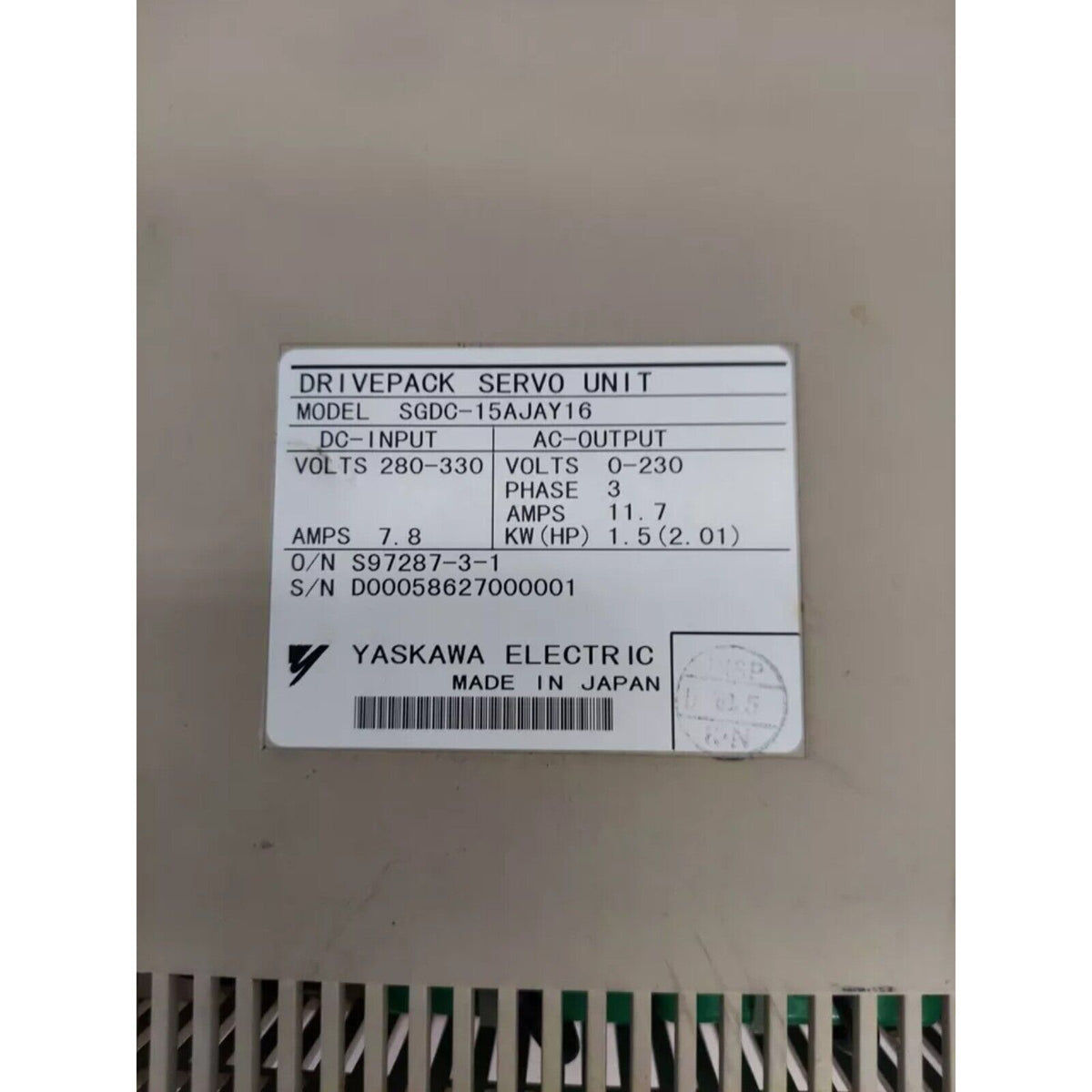 YASKAWA SGDC-15AJAY16 Servo Drive, 1.5KW, Made in Japan, industrial automation part. Drivepack unit label.
